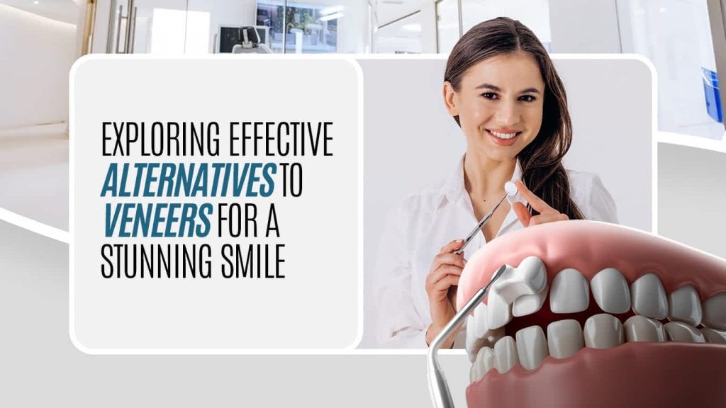 Dentist explaining veneer alternatives with a dental model