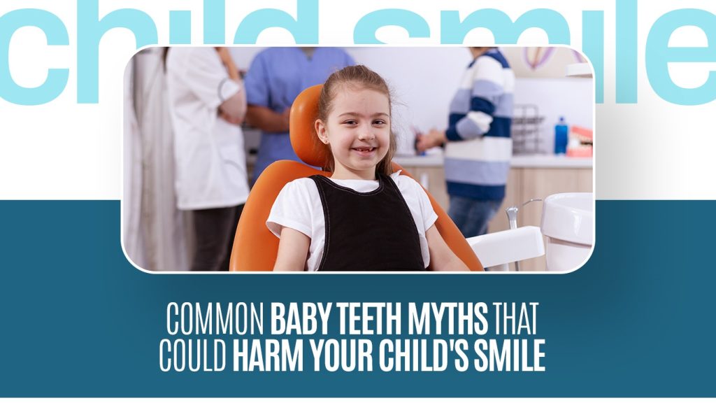 Smiling child at dentist for baby teeth checkup