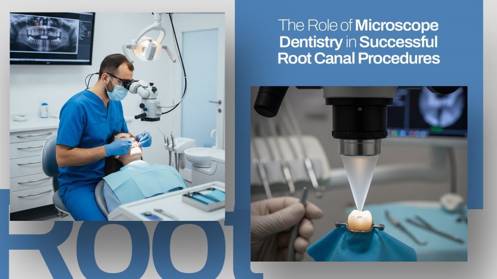 Dentist using microscope for precise root canal treatment
