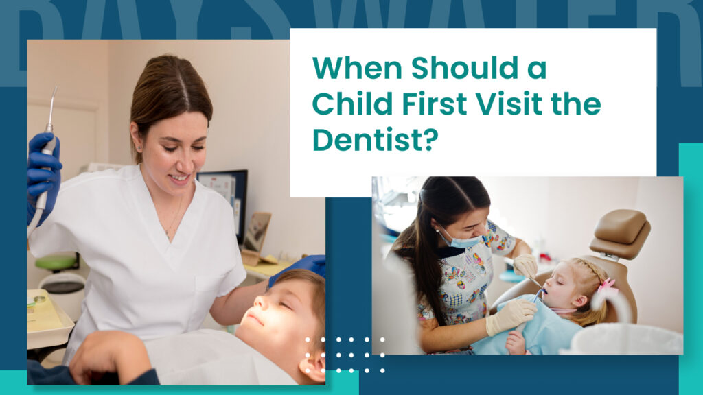 Dentist examining young child during first dental visit