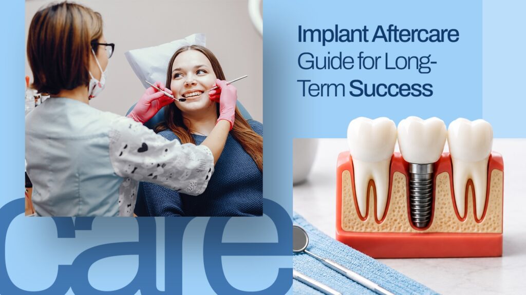 Dentist explaining dental implant aftercare to smiling patient